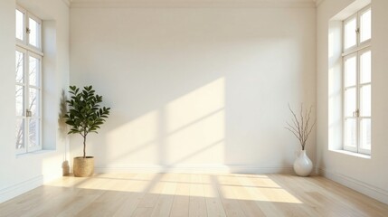 Sunlight Illuminates a Minimalist Empty Room with Light Wood Floors, Potted Plant, and White Vase