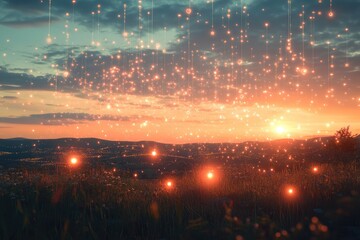 A serene landscape with floating medical symbols, glowing softly in the horizon, under a clear, glowing sky, symbolizing the connection between nature and health