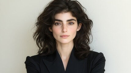 Obraz premium A woman stands confidently with her arms crossed, showcasing her wavy hair and natural beauty. The neutral background enhances her striking features and subtle elegance in the warm lighting