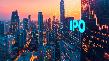 Fototapeta premium Hologram of IPO glowing icon, sunset panoramic city view of Bangkok. The financial hub for transnational companies in Asia. The concept of boosting the growth by IPO process. Double exposure.
