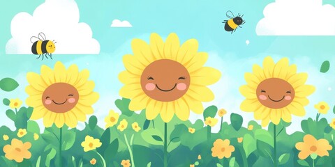 Happy Sunflowers Bees And Blue Sky Scene