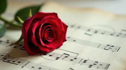 A single crimson rose rests gently upon aged musical sheet music, a poignant symbol of romantic melody and enduring affection.