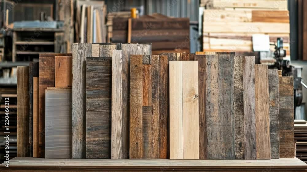 Poster a sample board featuring different types of reclaimed wood each with distinct grain patterns set aga