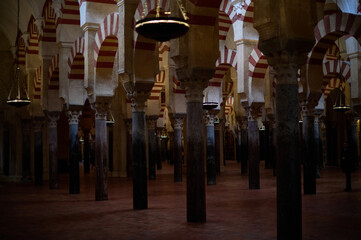 The interior of the Mosque-Cathedral of Córdoba, featuring its iconic columns and horseshoe arches, a masterpiece of Moorish and Spanish architecture in Andalusia, Spain