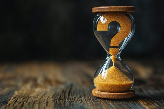Sand timer with question mark stands on wooden surface, symbolizing uncertainty about time and decisions in life