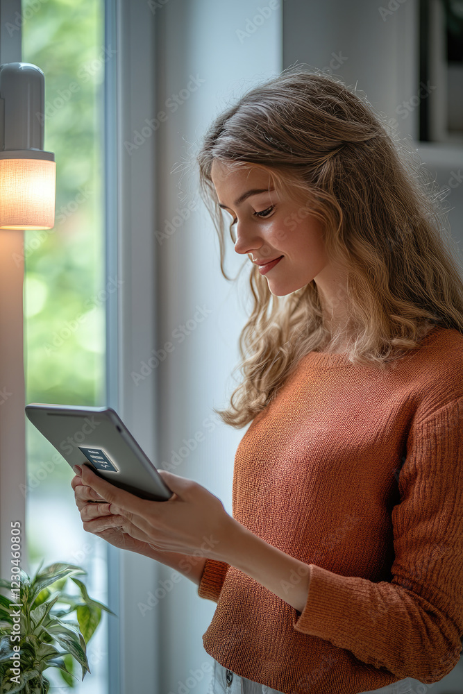 Poster a young modern woman using a mobile application on a smart home tablet controls various functions of