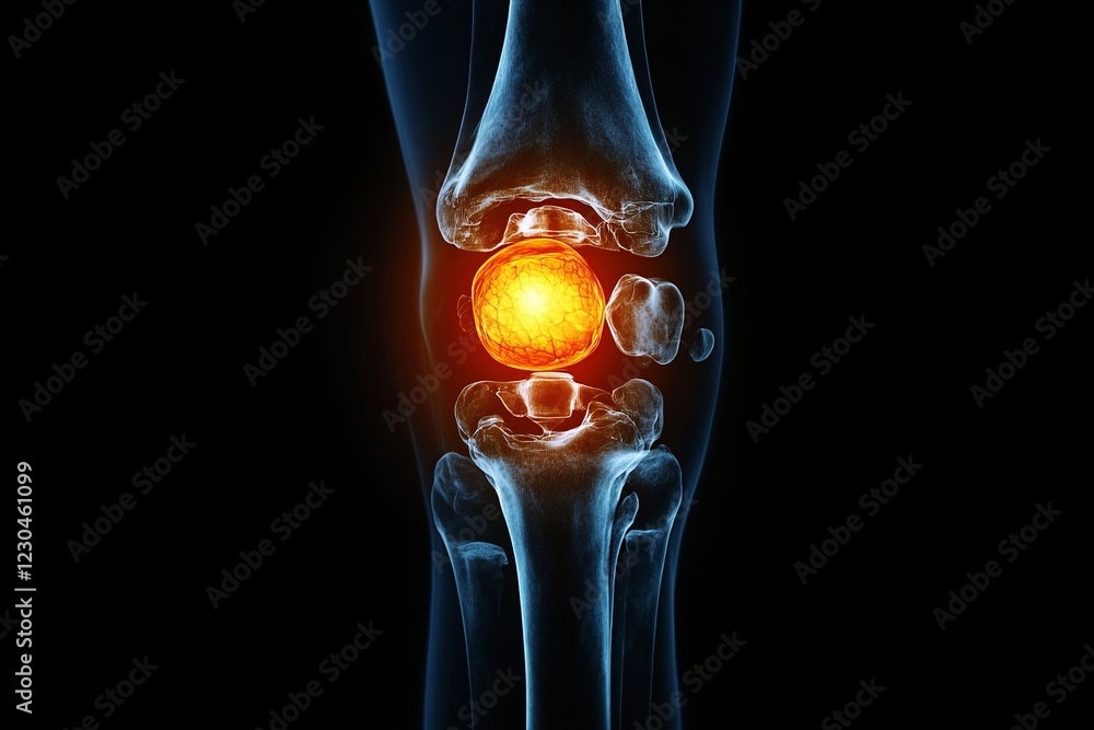 Aufkleber detailed view of a human knee joint highlighting the patella with glowing effect on a black backgrou