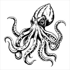 A black and white drawing of an octopus