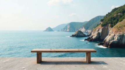 Rustic wooden bench overlooking a serene ocean vista with distant, verdant hills and rocky coastlines