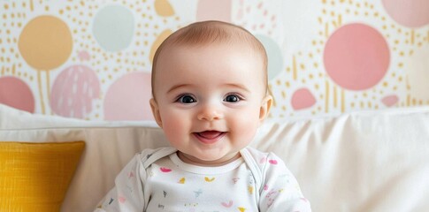 Happy Baby Smiling Against Pastel Background