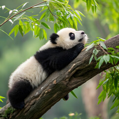 cute panda cub lies on tree branch and watches tree