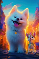Obraz premium Happy dogs sunset city street scene animation movie poster