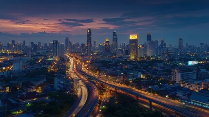 Fototapeta premium Blank white road billboard with Bangkok cityscape background at night time. Street advertising poster, mock up, 3D rendering. Front view. The concept of marketing communication to promote idea.