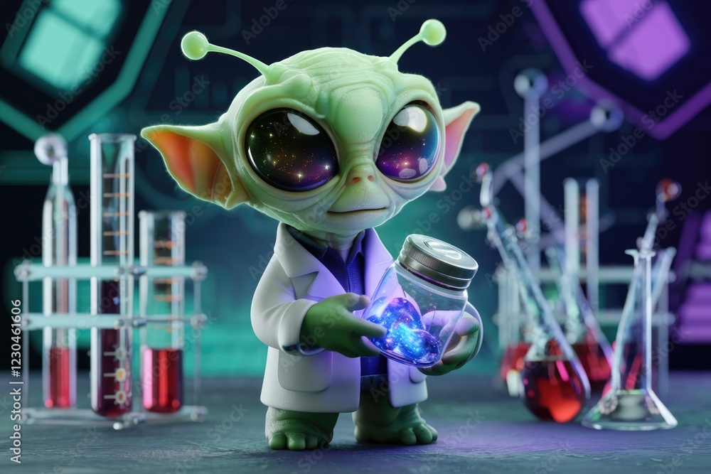 Poster a cute alien scientist in a lab coat holds a jar containing glowing cosmic matter.