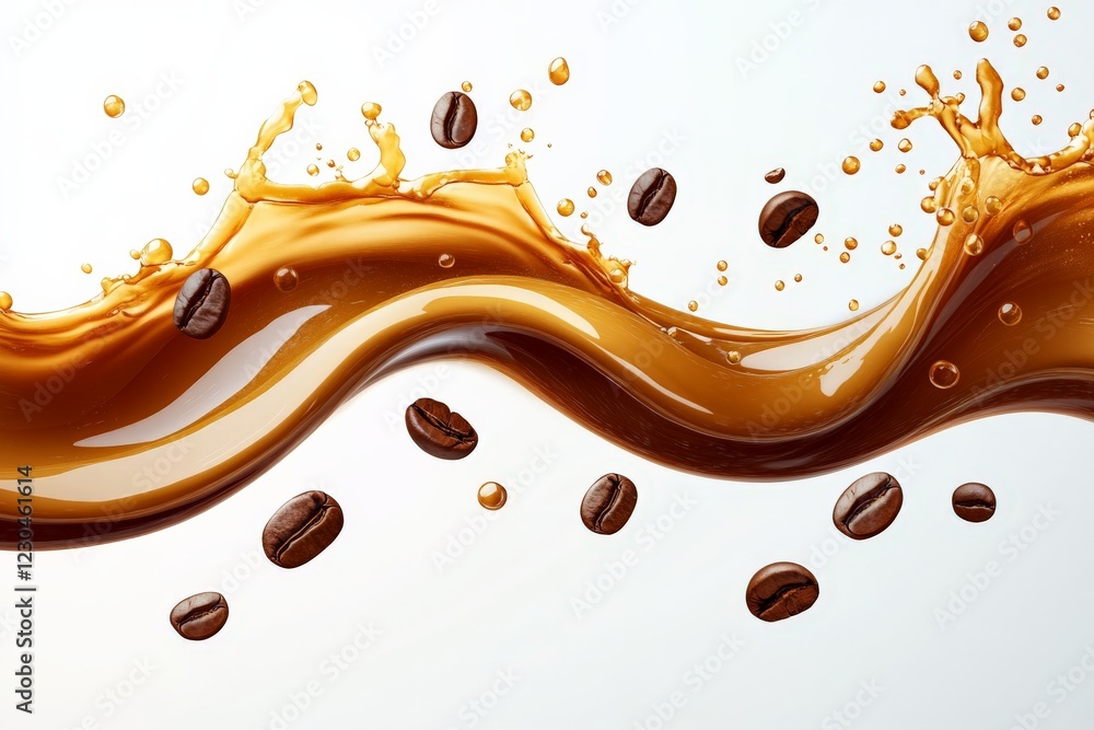 Poster Flowing coffee with coffee beans splashing in the air creates a dynamic visual display of energy and flavor