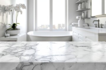 Blank marble countertop for displaying products against a blurred bathroom interior backdrop