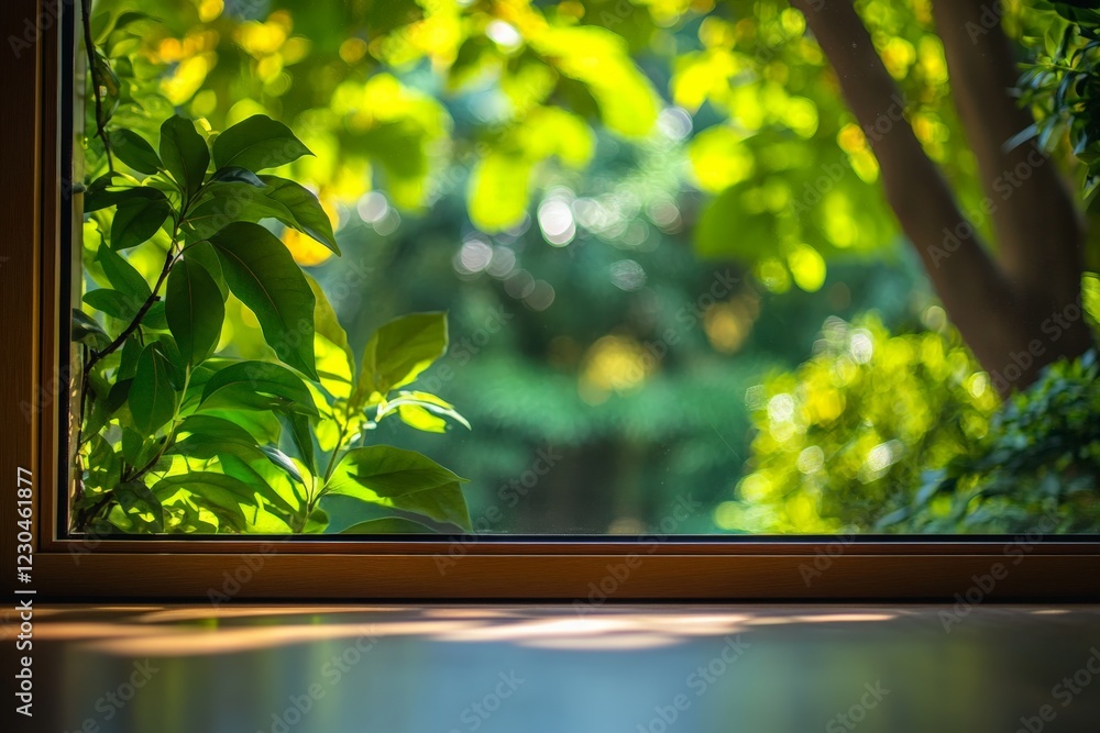 Poster sunlight filtering through lush green leaves seen from a cozy indoor setting during a warm afternoon