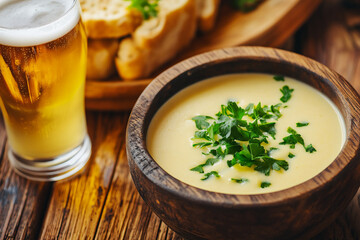Steaming cheese soup with herb garnish and beer in pint glass