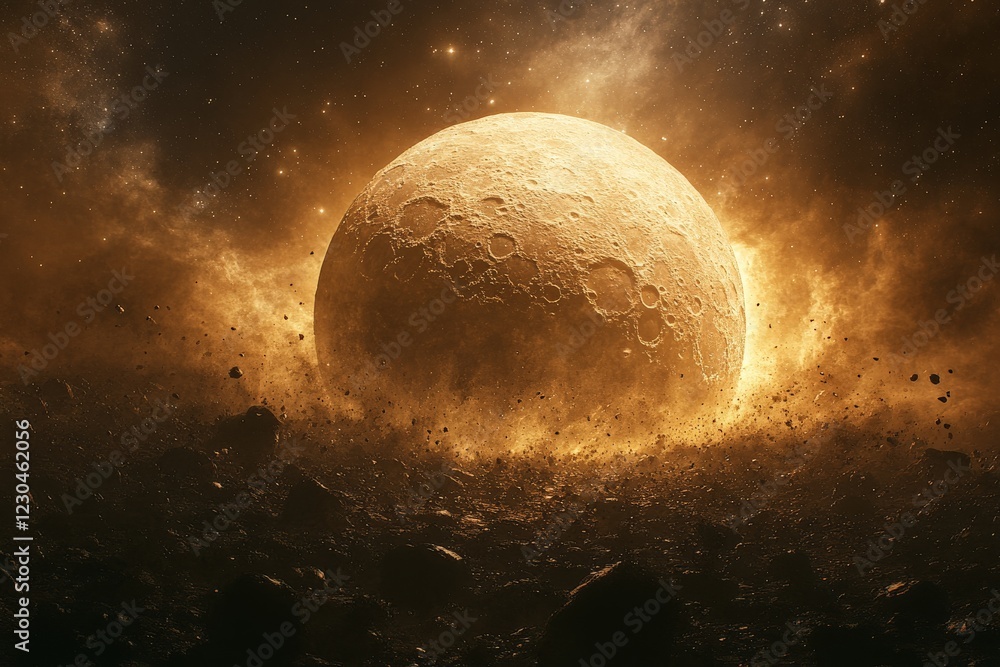 Poster moon illuminates a cosmic landscape filled with swirling dust and celestial phenomena at dusk in a d