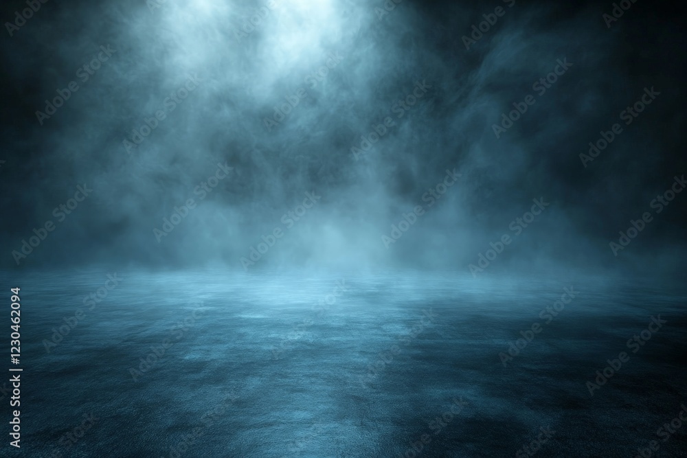 Poster mysterious blue mist envelops an empty stage in a dimly lit atmosphere creating an eerie ambiance