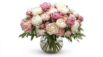 A studio shot of a bouquet of peonies in soft pastel shades of pink, cream, and white, arranged in a modern, transparent glass vase