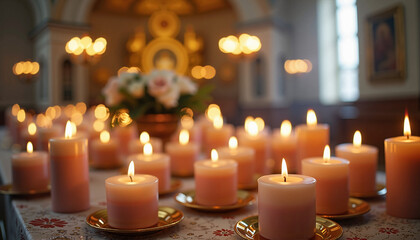 Elegant arrangement of lit candles and flowers on table in peaceful church interior