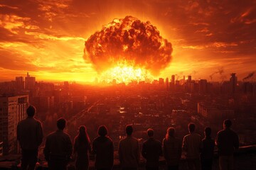 Obraz premium People observing a massive explosion over a city at sunset