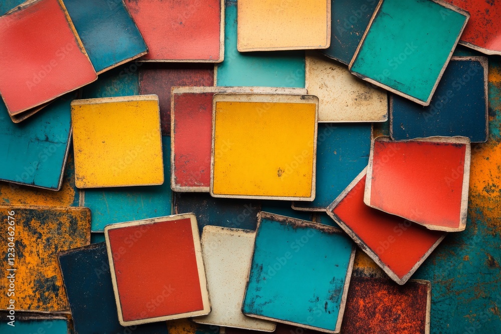 Poster Colorful vintage metal square tiles arranged in a vivid abstract pattern creating a nostalgic visual display