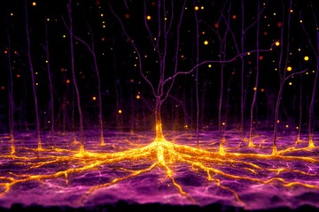 Glowing tree roots illuminate a dark and mystical forest at night.