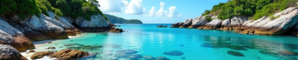 Fototapeta premium Rocky outcrops overlooking picturesque turquoise lagoon, shoreline, reflections