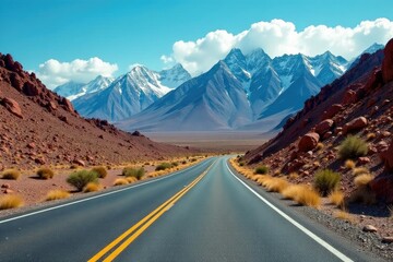 Fototapeta premium Road winding through rocky terrain with Andean peaks in the background, deserto, mountain, highway