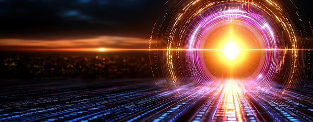 Obraz premium Stock Market and Currency Exchange in Global Trade of A vibrant digital sunburst emanating through a futuristic portal, symbolizing energy and innovation in a digital landscape.