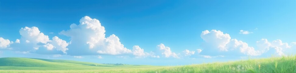 Fototapeta premium Serene landscape under the vast blue sky and white puffy clouds, natural landscape, airy, peaceful