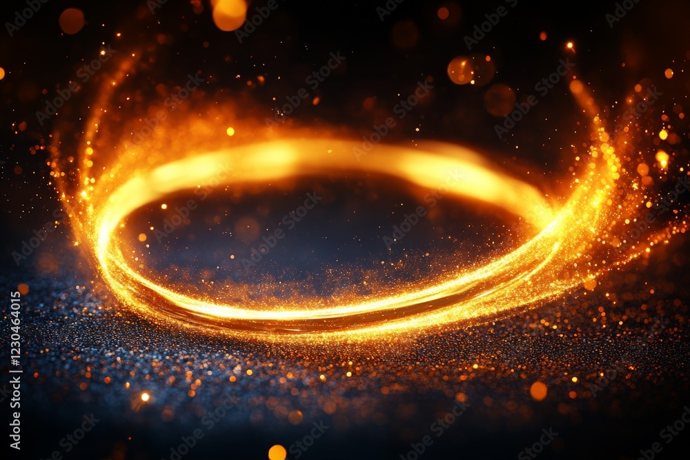 Aufkleber Swirling golden light forms a mesmerizing circle on a dark background with sparkling effects
