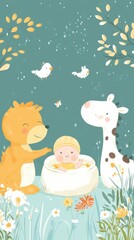 Baby Surrounded by Animals in a Flowery Meadow