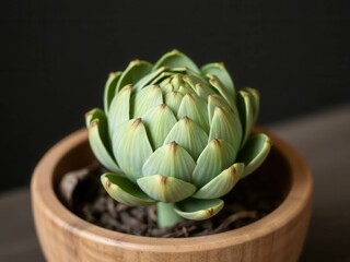 Fototapeta premium A small green plant with a brown pot. artichoke