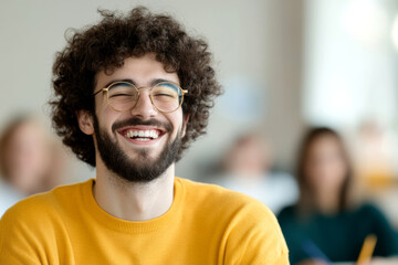 Obraz premium Smiling caucasian young adult man in yellow sweater joyful in classroom setting