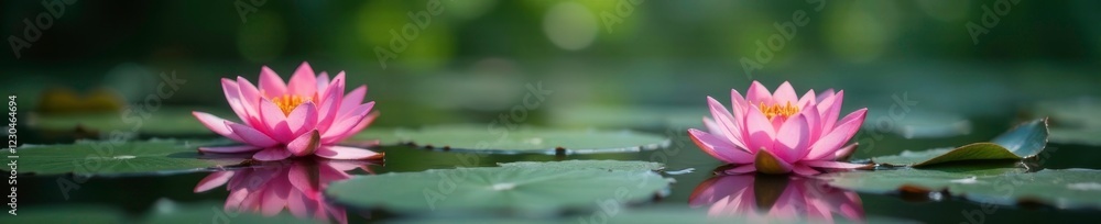 Poster Water lilies blooming on the surface of a tranquil pond, blooms, peaceful