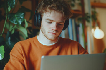 Young caucasian man wearing headphones focused on laptop in cozy home office surrounded by greenery