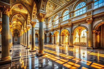 Fototapeta premium Sunlit Golden Palace Interior: Silhouette Photography of Marble Columns & Windows