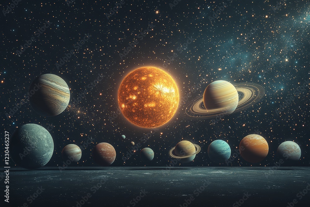 Poster cosmic arrangement of planets surrounding a radiant sun in the vast expanse of outer space