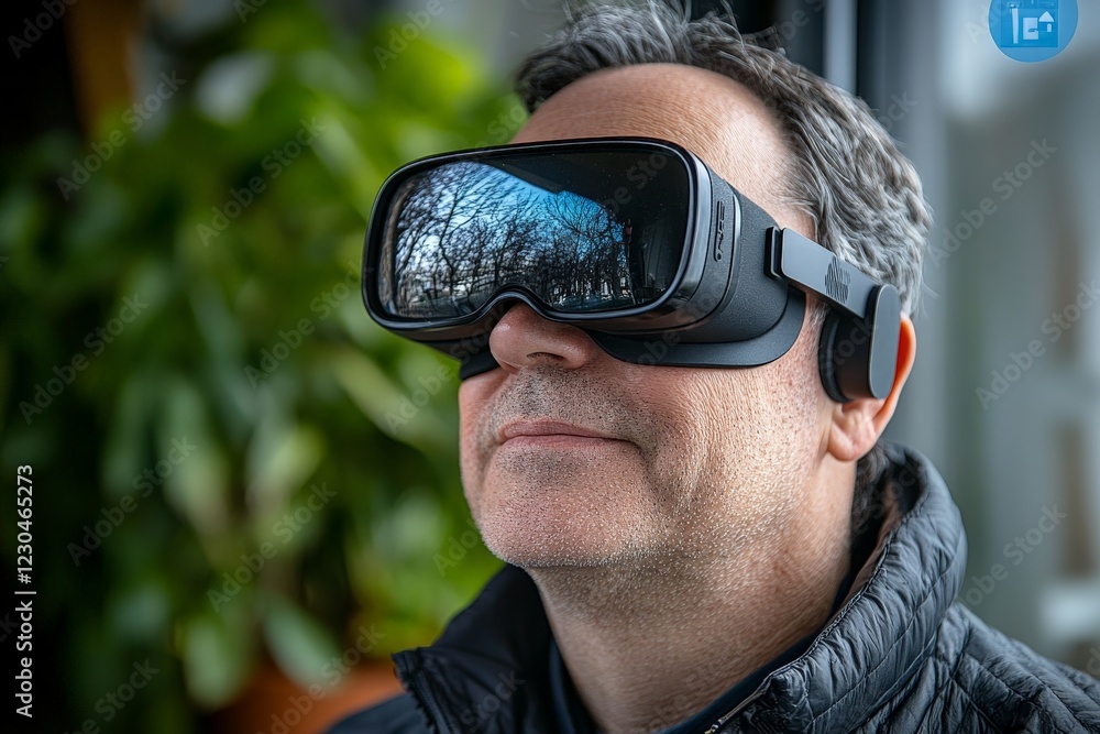Aufkleber Exploring virtual reality with immersive goggles in an indoor environment during daytime