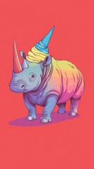 Obraz premium Rainbow rhino ice cream cone hat, red background, summer fun, kids design