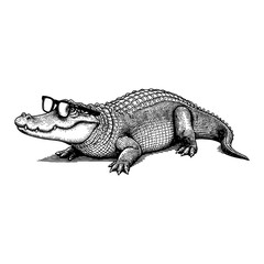 Fototapeta premium Crocodile Wearing Glasses Detailed Black and White Outline Line Art Drawing Isolated Object