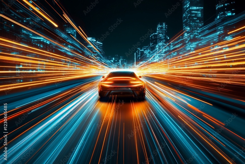 Poster dynamic night cityscape captures streaks of light trailing behind a speeding car in a modern urban e