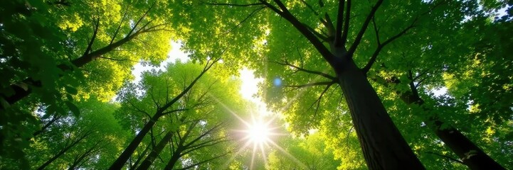 Obraz premium sunlight filtering through the leaves of a tall tree, forest, leaves, shade