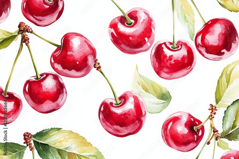 Aufkleber fresh cherries with green leaves arranged on a white background capturing the essence of summer in a
