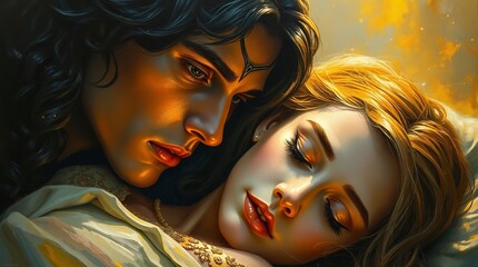 Prince Leaning Over Sleeping Beauty – A Classic Fairy Tale Moment of Love and Magic