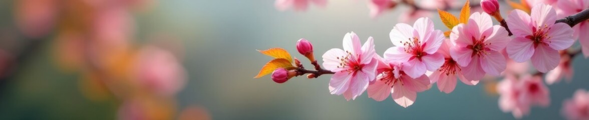 Obraz premium A branch of cherry blossom flowers on a tree with leaves, sakura, natural scenery