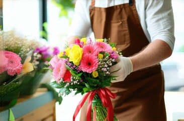male florist holds a bouquet against the background of a flower shop.